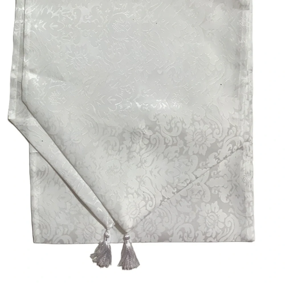 Holly Homes Table Runner Silky Damask Holiday Dressy White 13 in x 72 in